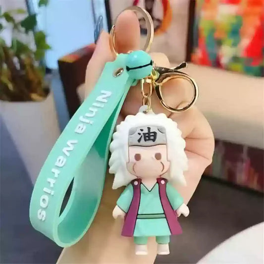 Sage Ninja Rubber Keychain with Mint Strap – 3D White‑Hair Figure, Gold Ring + Clasp