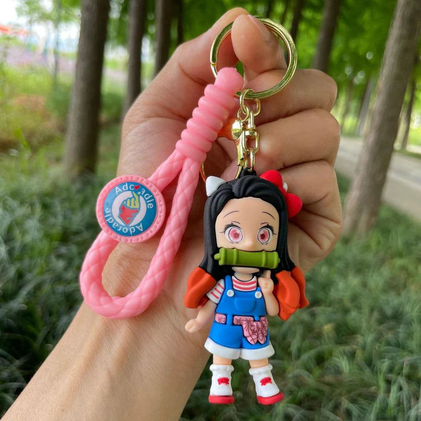 Nezuko Standing Rubber Keychain with Pink Braided Loop – 3D Figure, Gold Ring + Clasp
