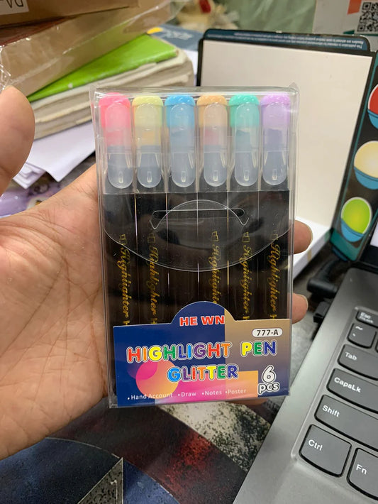 Pastel Glitter Gel Highlighters – Set of 6, Quick‑Dry, No‑Bleed