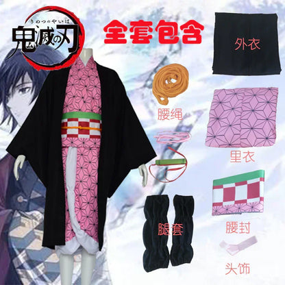 Nezuko Demon Slayer cosplay costume set with kimono and accessories displayed on mannequin