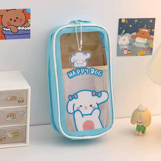 Happy Dog Cute Pencil Pouch for Girls – Double Zipper Aesthetic Stationery Case
