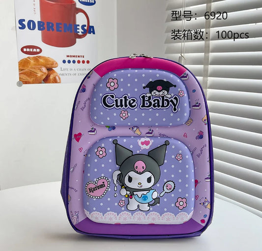 Kuromi “Cute Baby” Backpack – Purple Kids Daypack with 3D Front Pockets
