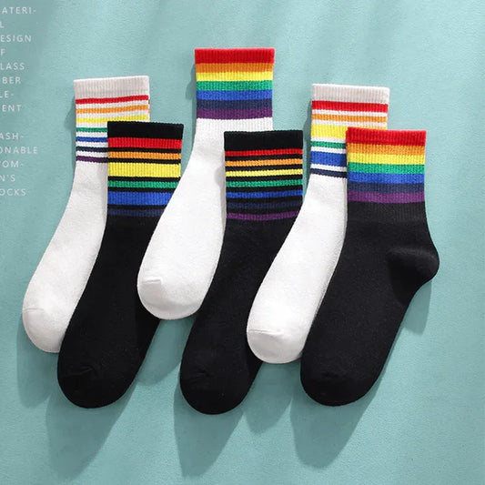 Set of 6 Rainbow Striped Crew Socks – Vibrant & Comfortable Everyday Wear - Drakon Lifestyle India