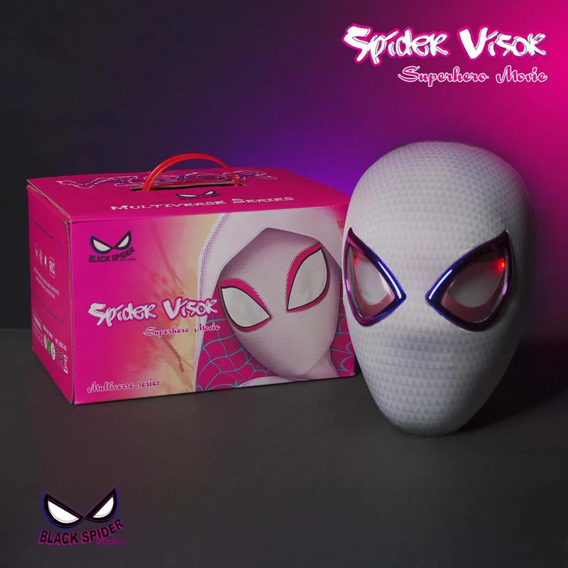 Spider-Gwen-inspired white mask with moving eye flicker LED effects and ring remote control.