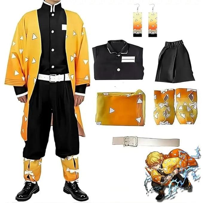 Zenitsu cosplay costume set with yellow haori, black uniform, belt, and anime accessories
