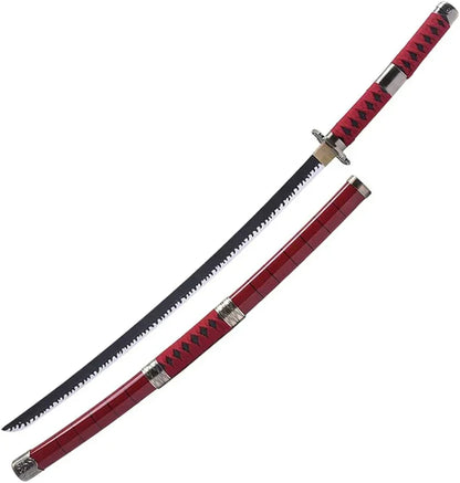 Red wooden katana sword with black blade and matching red scabbard on white background