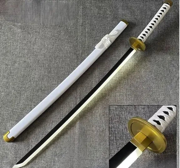 Zoro Wado Ichimonji katana replica with white scabbard and gold handguard on gray fabric