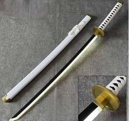 Zoro Wado Ichimonji katana replica with white scabbard and gold handguard on gray fabric